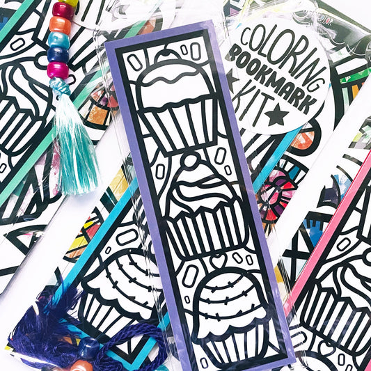 Cupcakes coloring bookmark kit party favors for kids. Birthday party favors packaged in bulk.