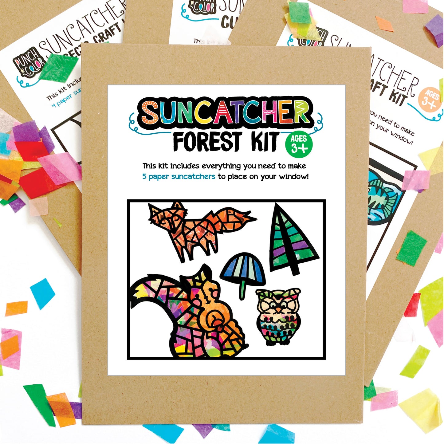 Forest animals suncatcher arts and crafts kit, a mess-free paper based activity for toddlers and kids.