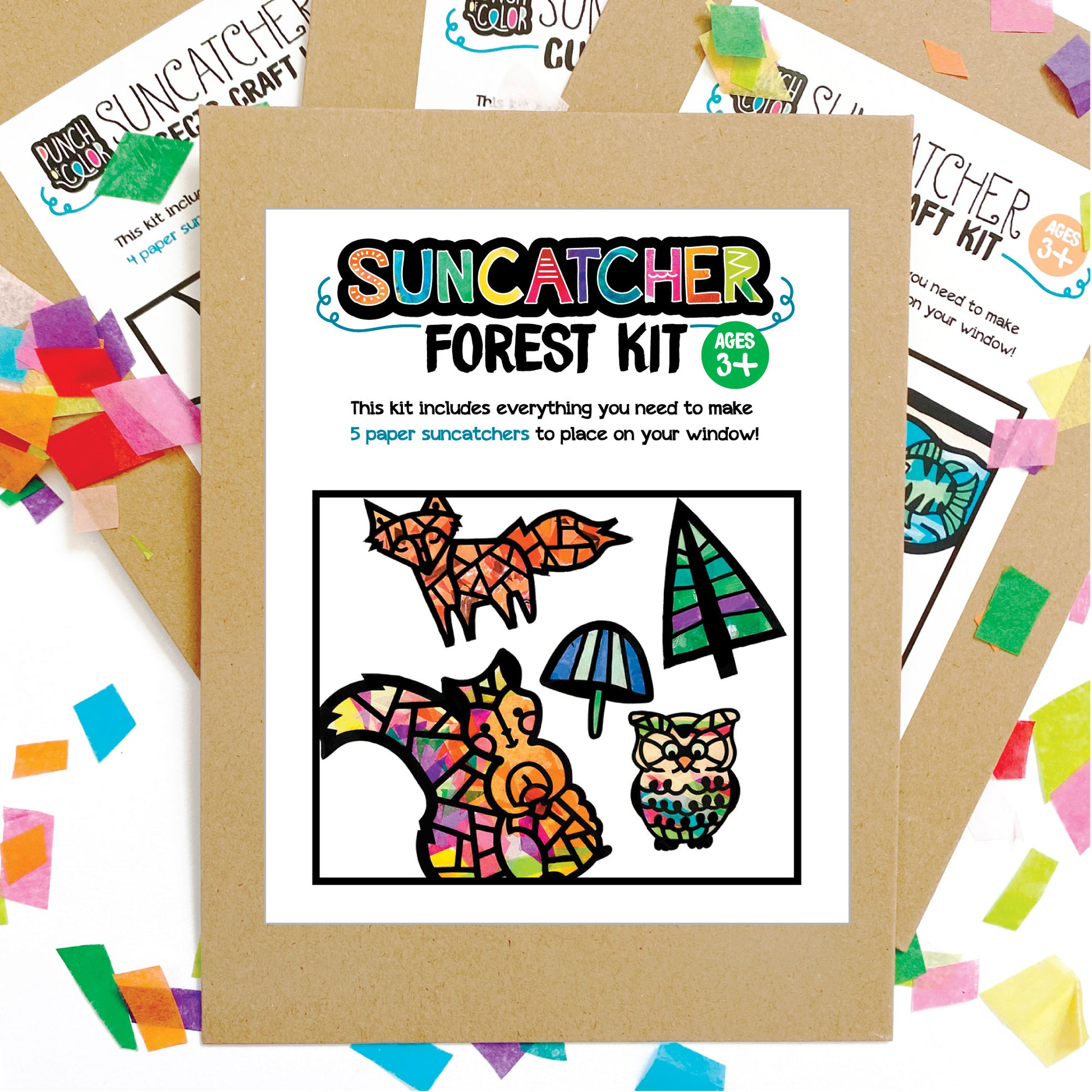 Forest animals suncatcher arts and crafts kit, a mess-free paper based activity for toddlers and kids.