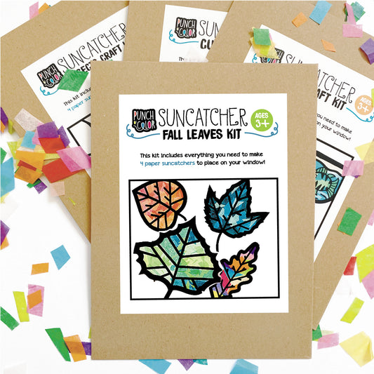 Fall leaves suncatcher arts and crafts kit, a mess-free paper based activity for toddlers and kids.