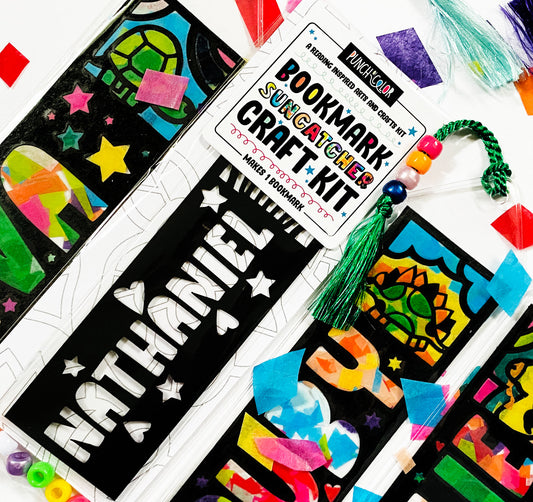 Suncatcher bookmark arts and crafts kit for kids. Make a colorful paper stained glass work of art to use with your favorite book.