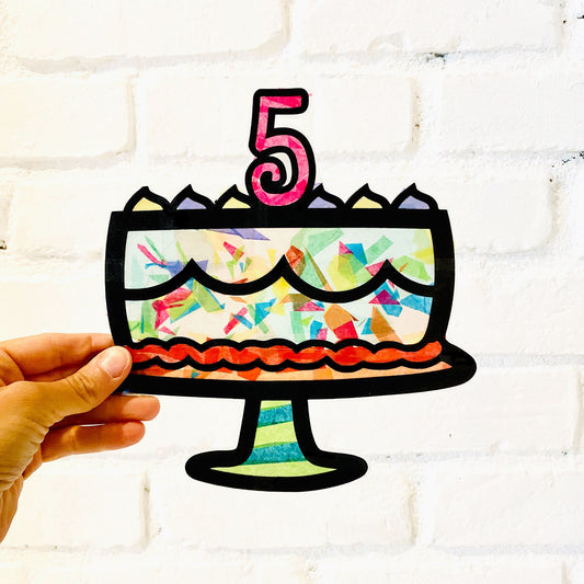 Custom birthday cake paper suncatcher craft kit. Art DIY for toddlers.