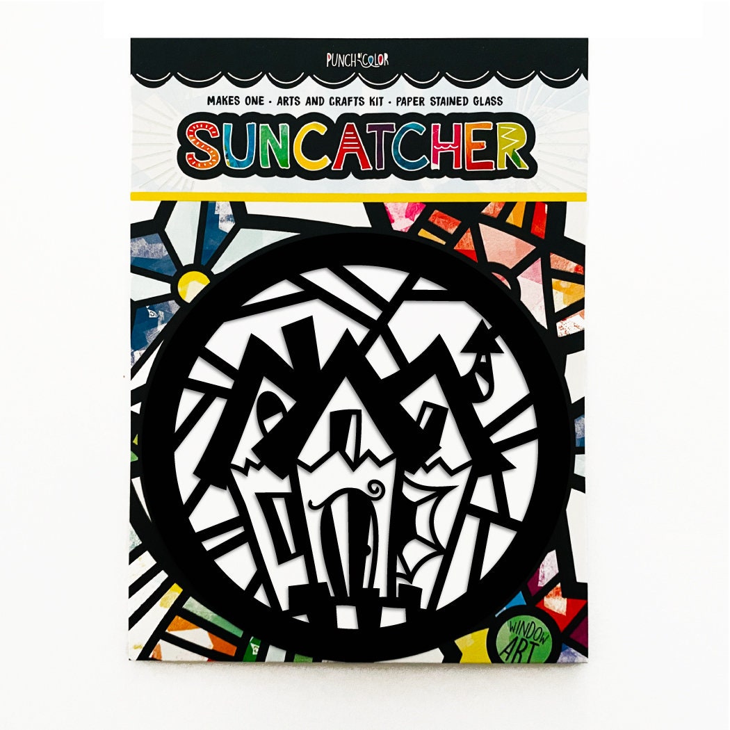 Haunted House paper suncatcher arts and crafts kit for kids - a halloween party activity that is mess -free and easy.