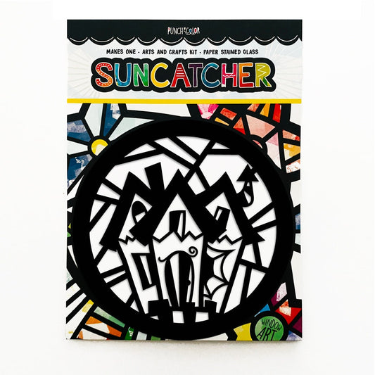 Haunted House paper suncatcher arts and crafts kit for kids - a halloween party activity that is mess -free and easy.