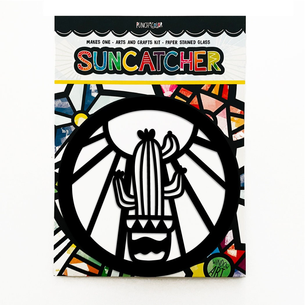 Cactus paper suncatcher arts and crafts kit for kids - a birthday party activity that is mess -free and easy.