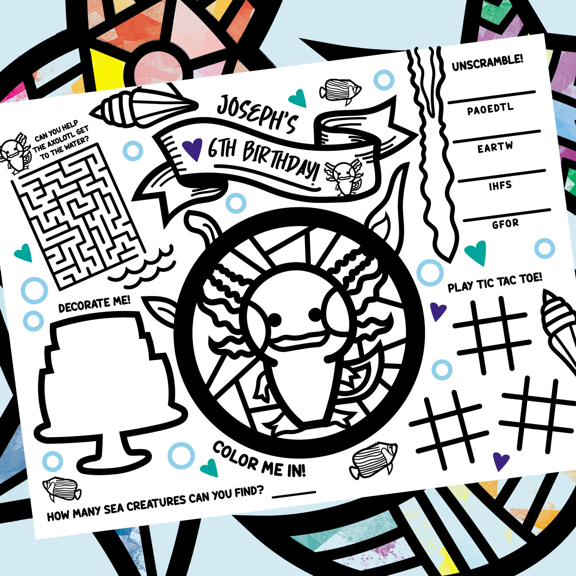 Axolotl Printable Coloring Placemat