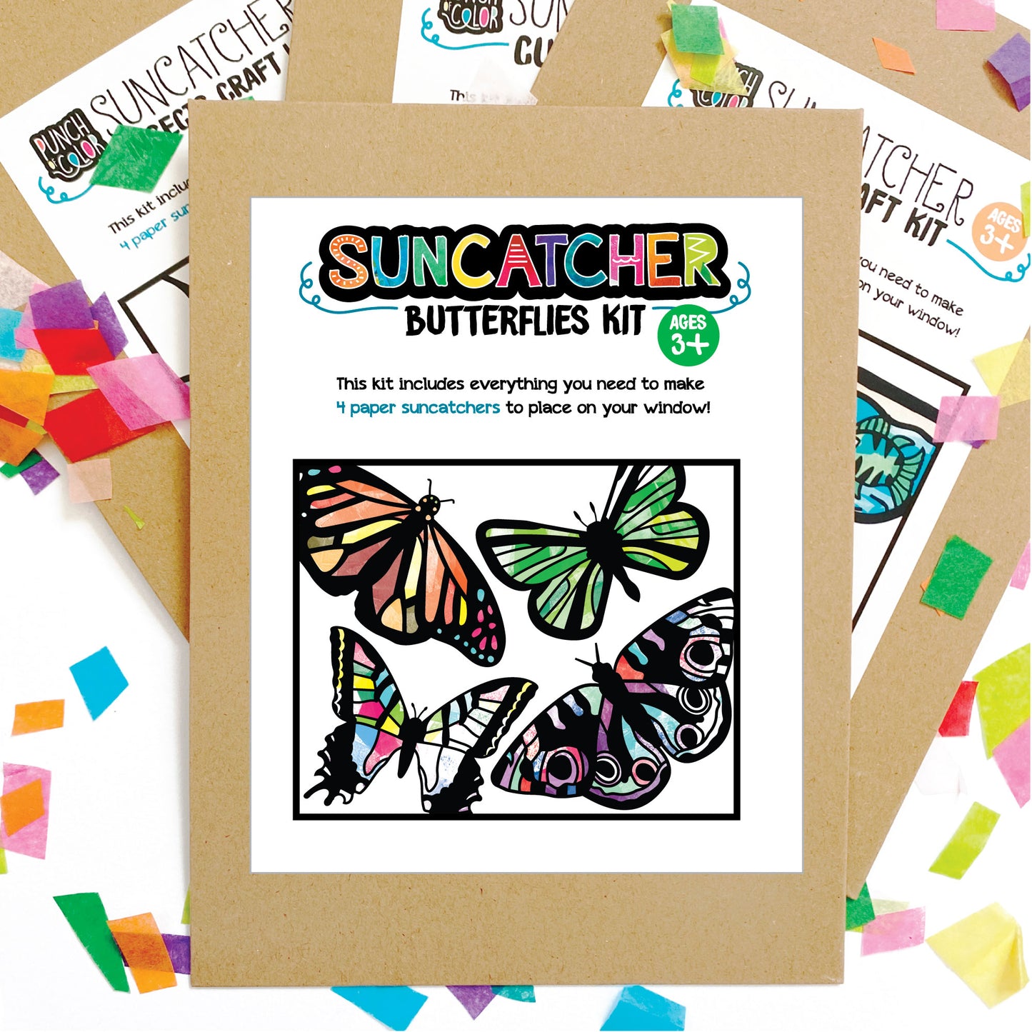 Butterflies suncatcher arts and crafts kit, a mess-free paper based activity for toddlers and kids.