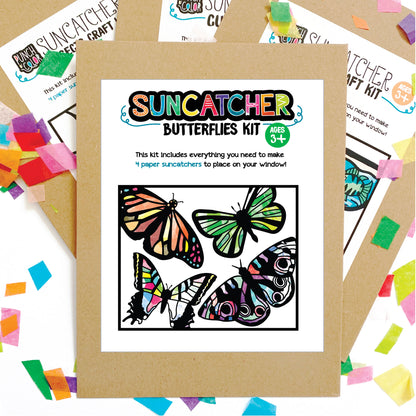 Butterflies suncatcher arts and crafts kit, a mess-free paper based activity for toddlers and kids.