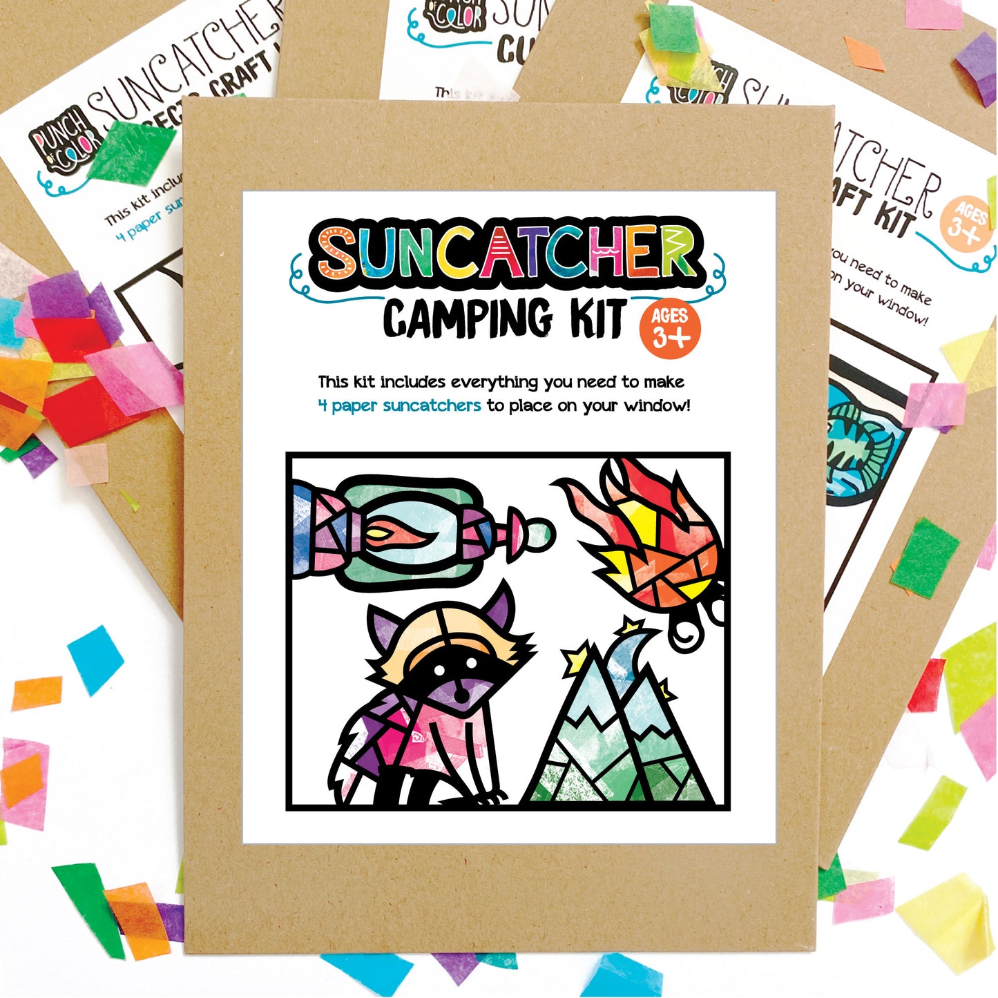 Camping themed suncatcher arts and crafts kit, a mess-free paper based activity for toddlers and kids.