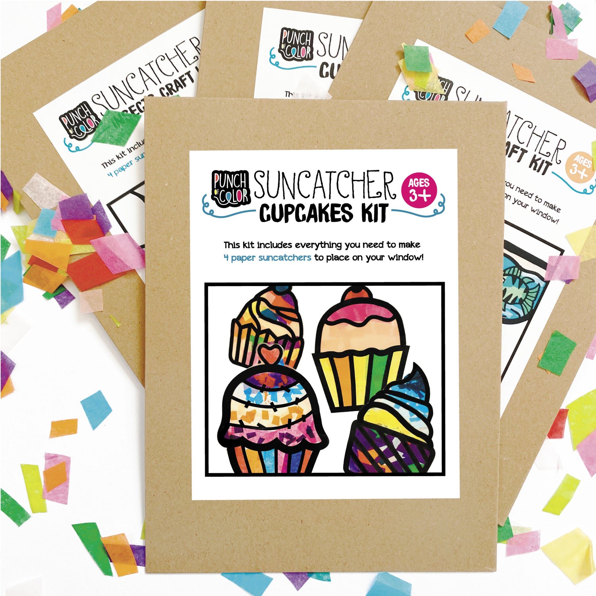 Cupcakes suncatcher arts and crafts kit, a mess-free paper based activity for toddlers and kids.
