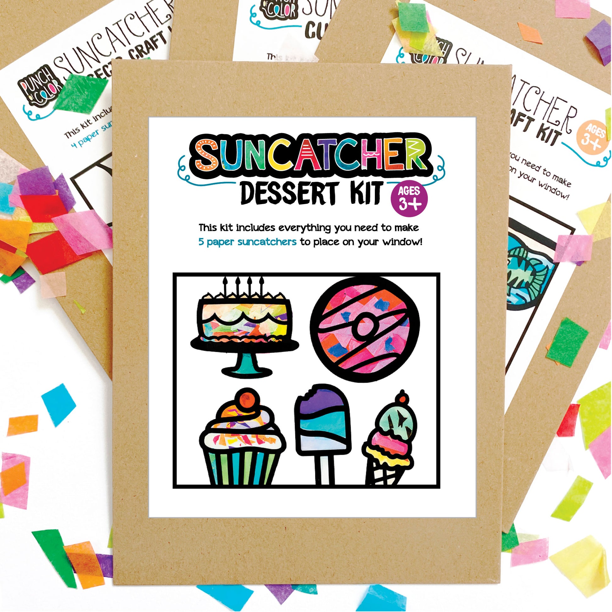 Dessert themed suncatcher arts and crafts kit, a mess-free paper based activity for toddlers and kids.
