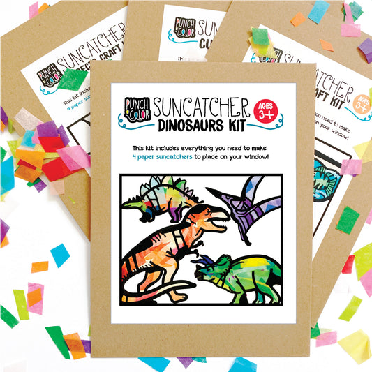 Dinosaurs suncatcher arts and crafts kit, a mess-free paper based activity for toddlers and kids.