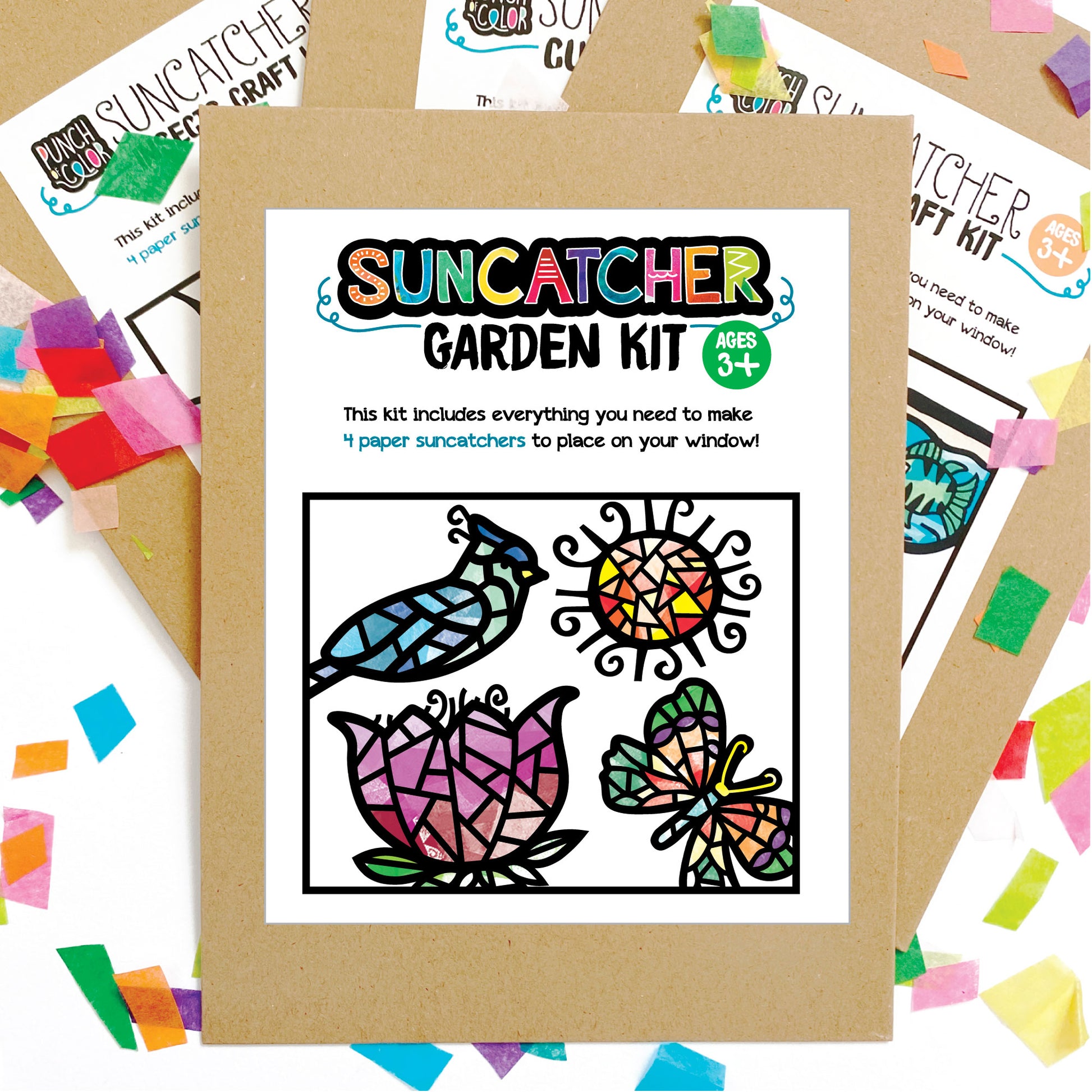 Garden themed suncatcher arts and crafts kit, a mess-free paper based activity for toddlers and kids.