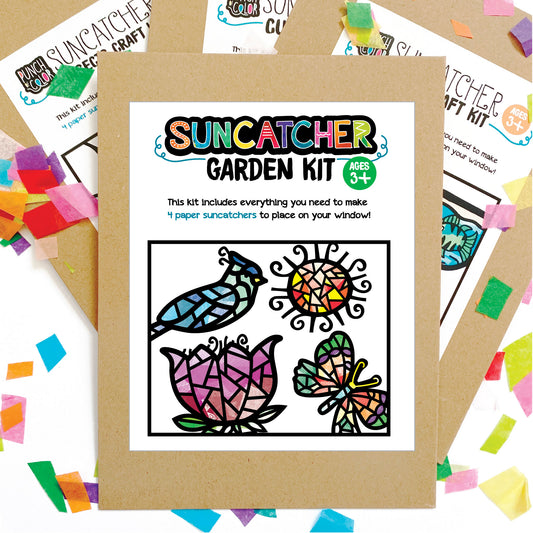 Garden themed suncatcher arts and crafts kit, a mess-free paper based activity for toddlers and kids.