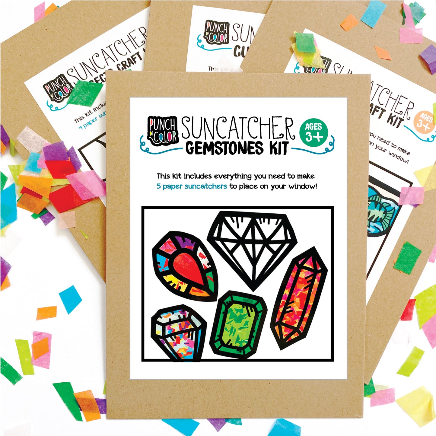 Gemstones suncatcher arts and crafts kit, a mess-free paper based activity for toddlers and kids.
