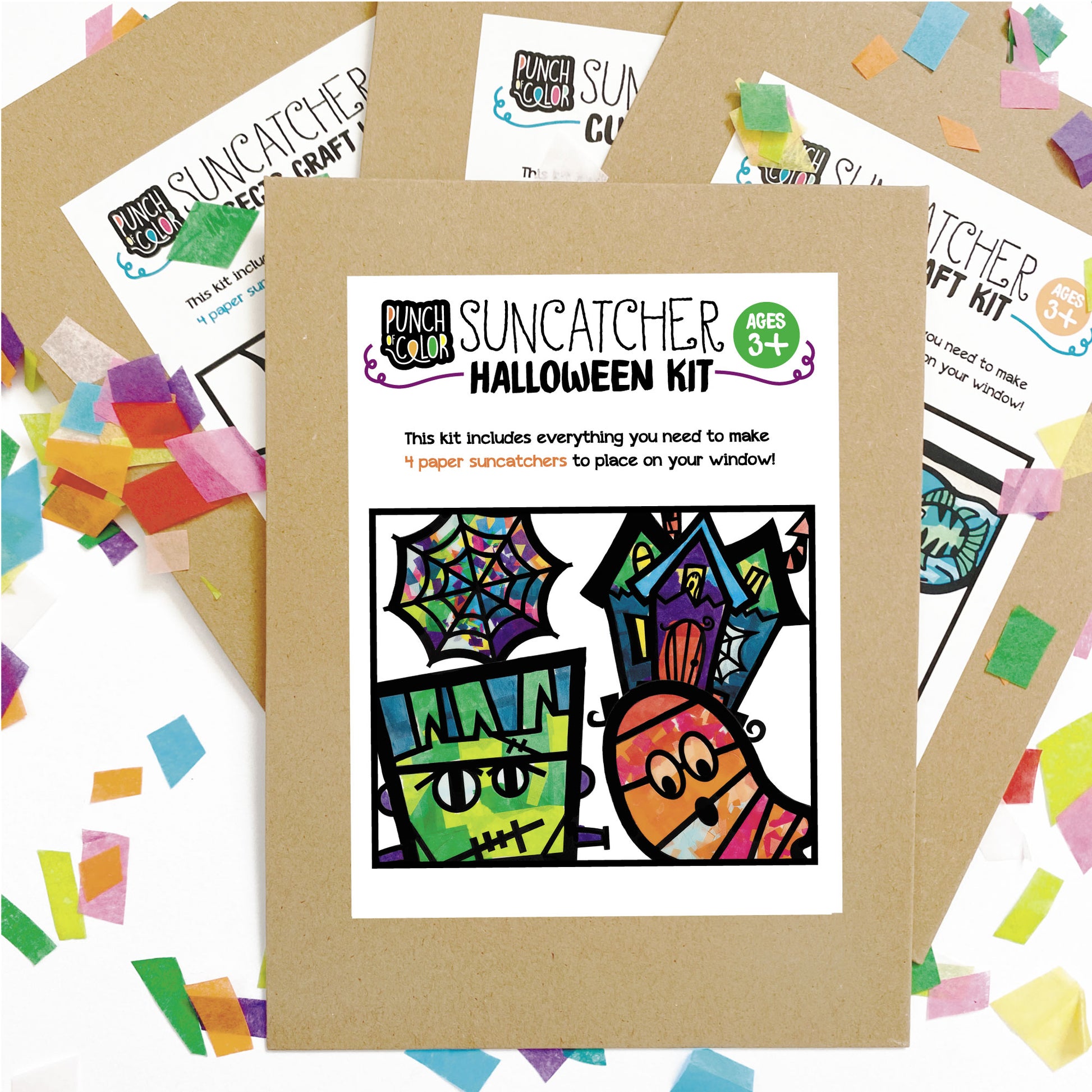 Halloween suncatcher arts and crafts kit, a mess-free paper based activity for toddlers and kids. Make a spider web, haunted house, ghost and Frankenstein