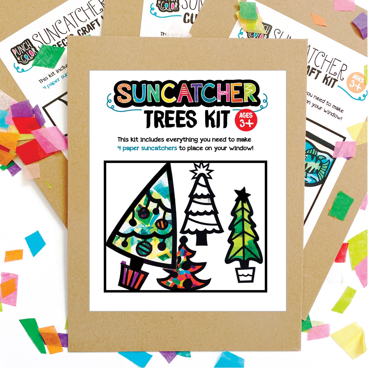 Christmas Trees suncatcher arts and crafts kit, a mess-free paper based activity for toddlers and kids.