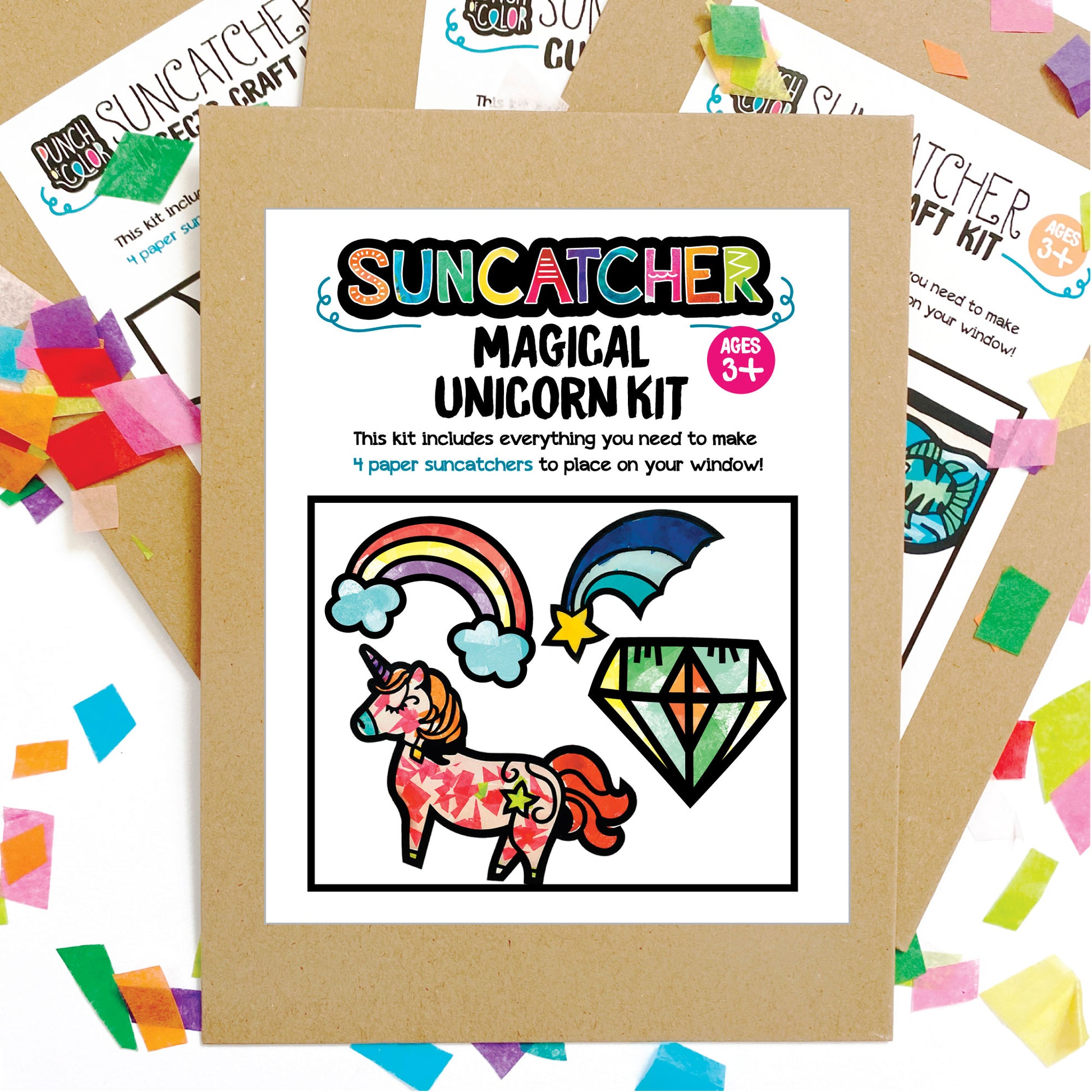 Magical unicorn suncatcher arts and crafts kit, a mess-free paper based activity for toddlers and kids.