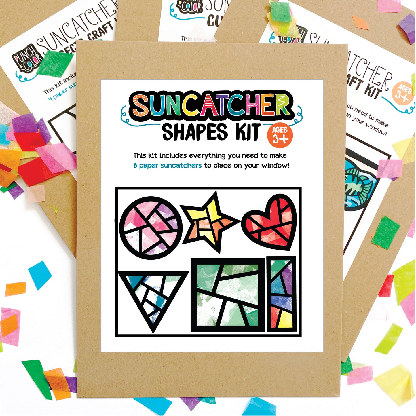 Learning shapes suncatcher arts and crafts kit, a mess-free paper based activity for toddlers and kids.