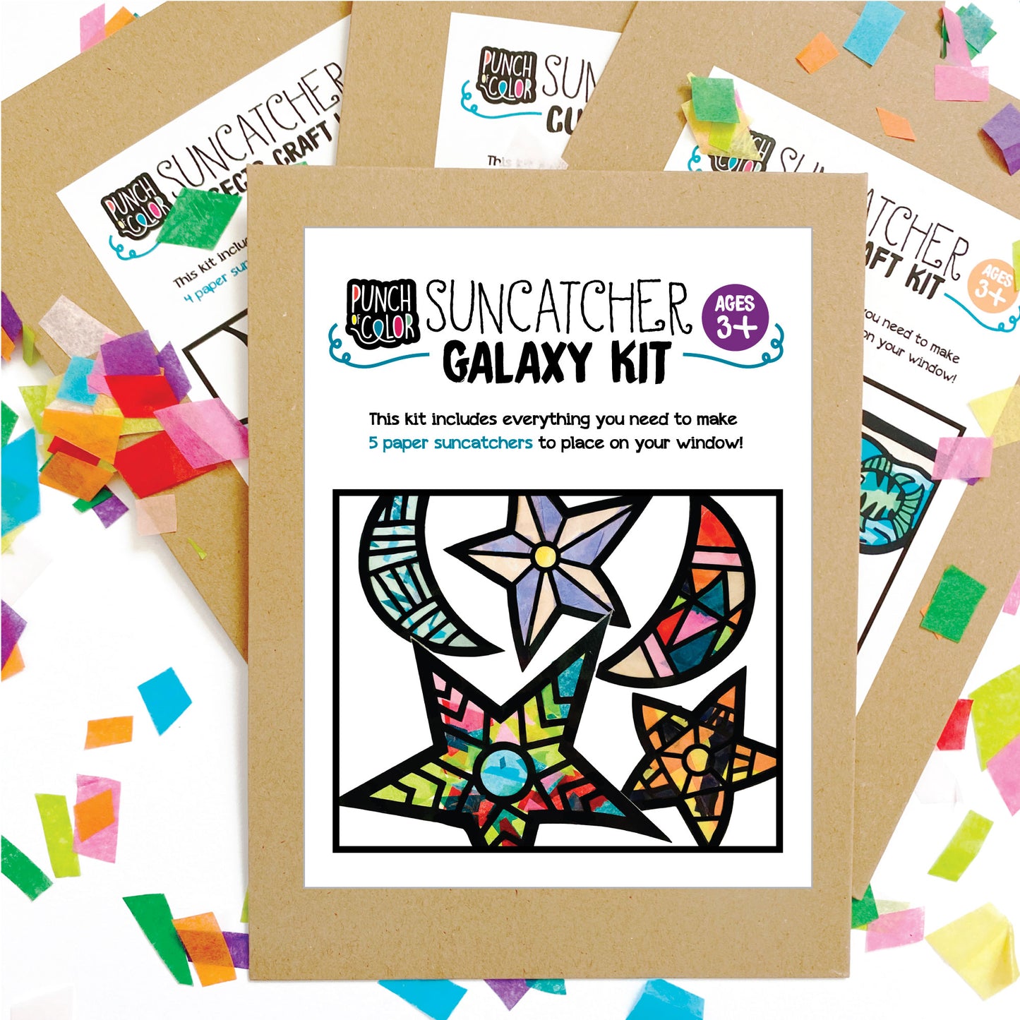 Stars and Moons suncatcher arts and crafts kit, a mess-free paper based activity for toddlers and kids.