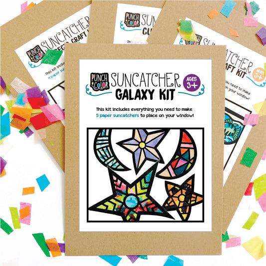 Stars and Moons suncatcher arts and crafts kit, a mess-free paper based activity for toddlers and kids.