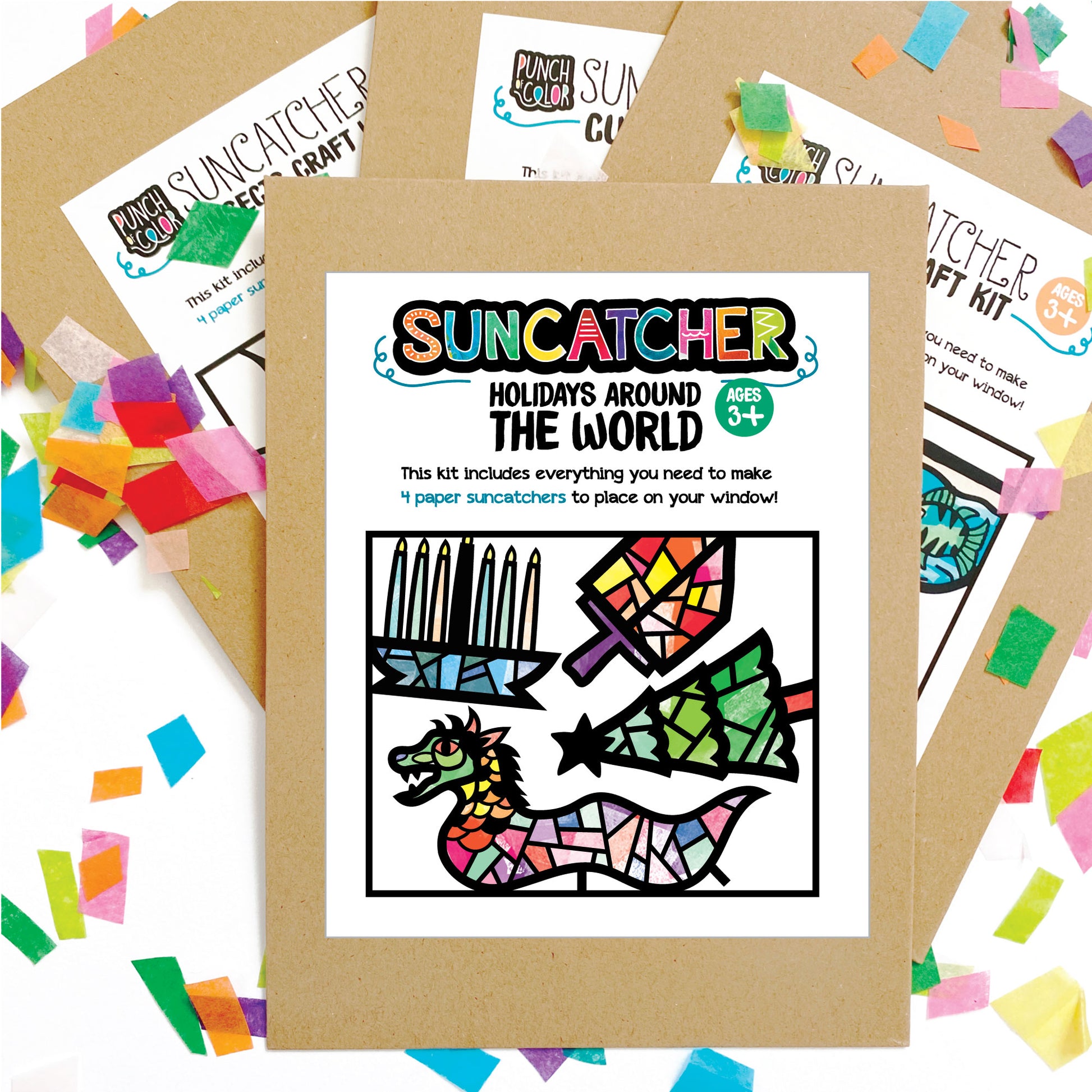 Holidays around the world suncatcher arts and crafts kit, a mess-free paper based activity for toddlers and kids.