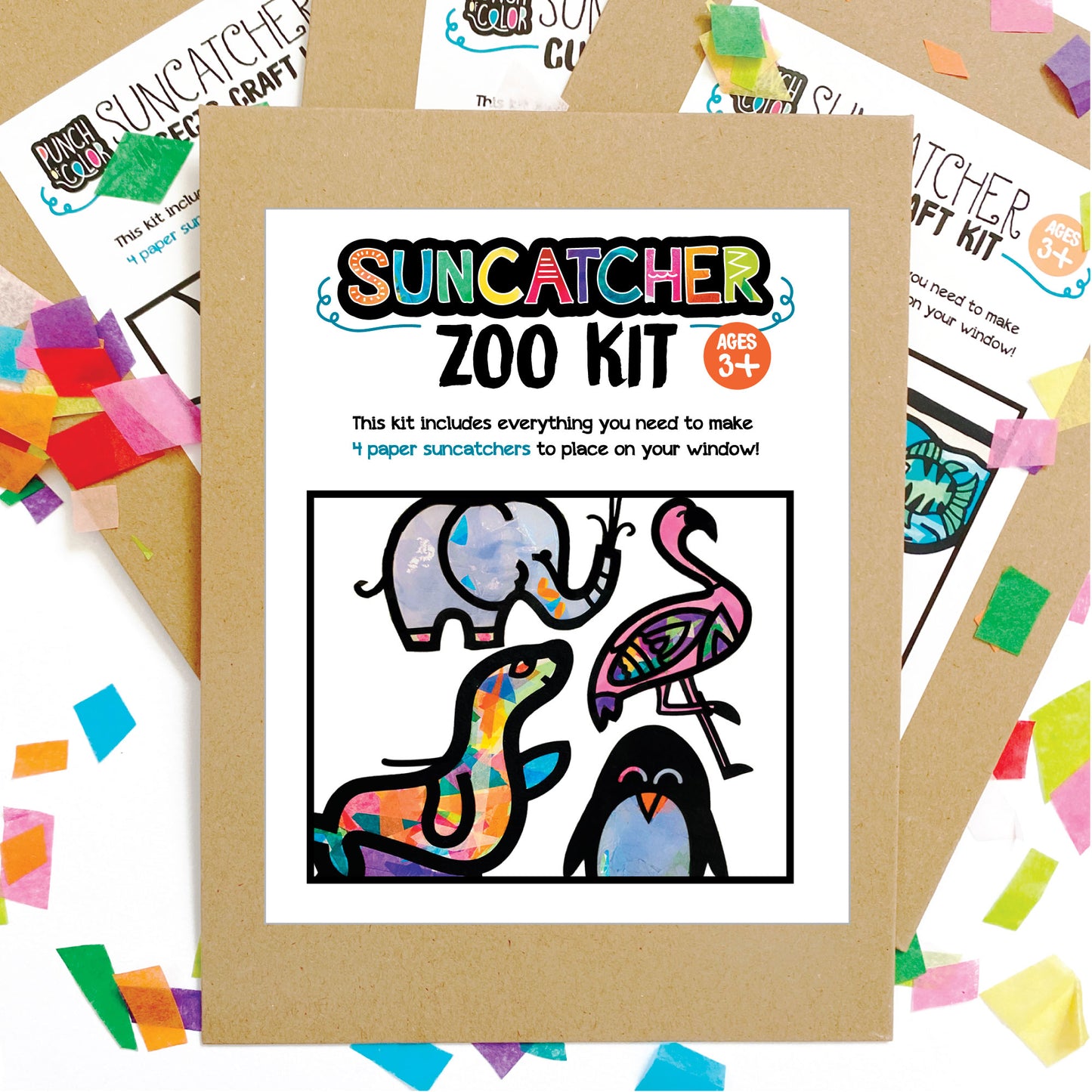 Zoo animals craft kit for kids. Paper suncatcher DIY art activity.