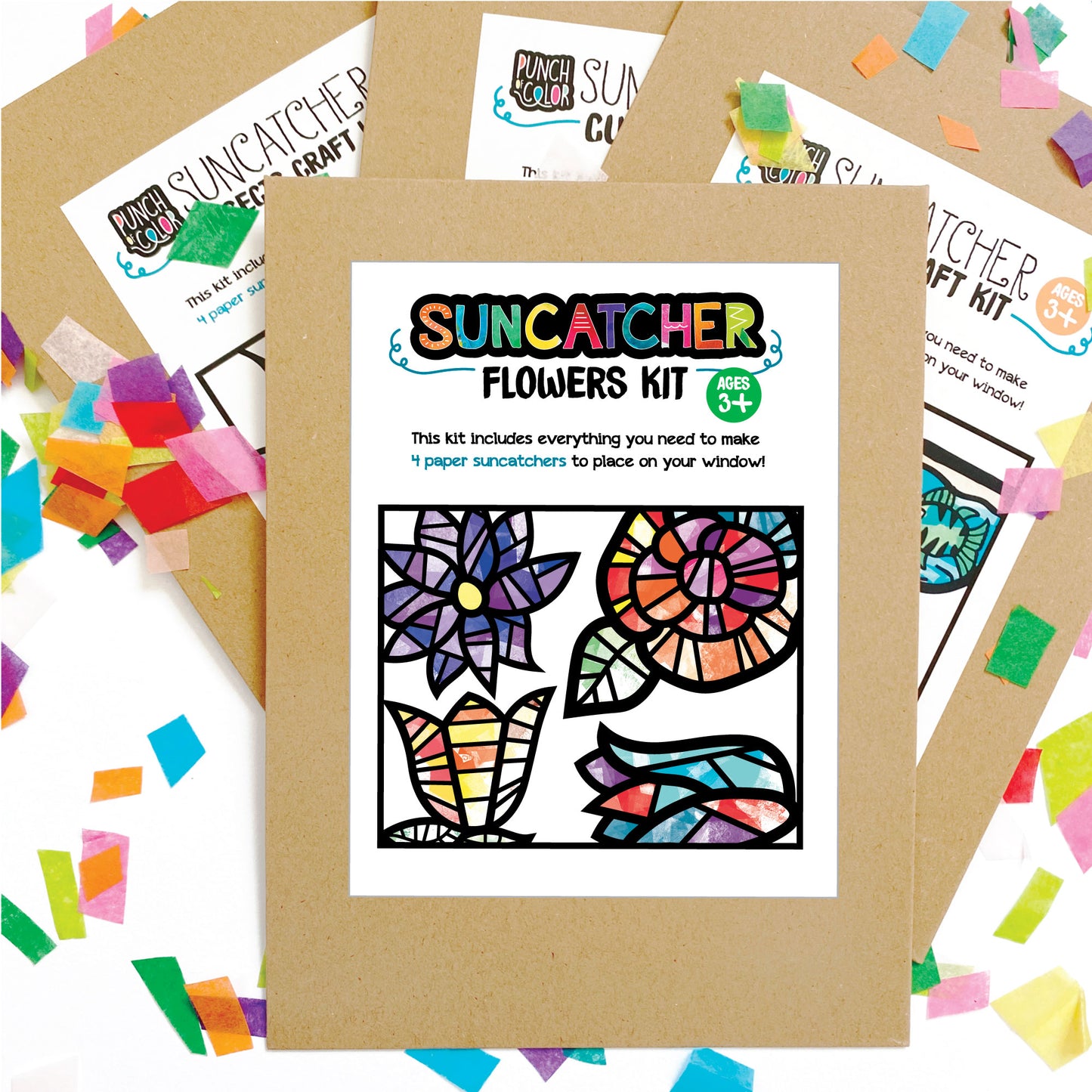 Flowers suncatcher arts and crafts kit, a mess-free paper based activity for toddlers and kids.