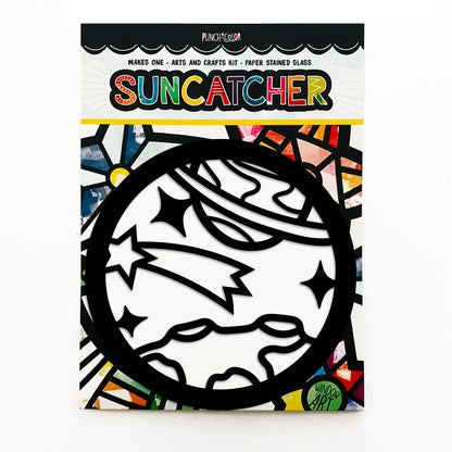 Outer space paper suncatcher arts and crafts kit for kids. Create a colorful piece of art to place on your window - the best birthday activity or favor!