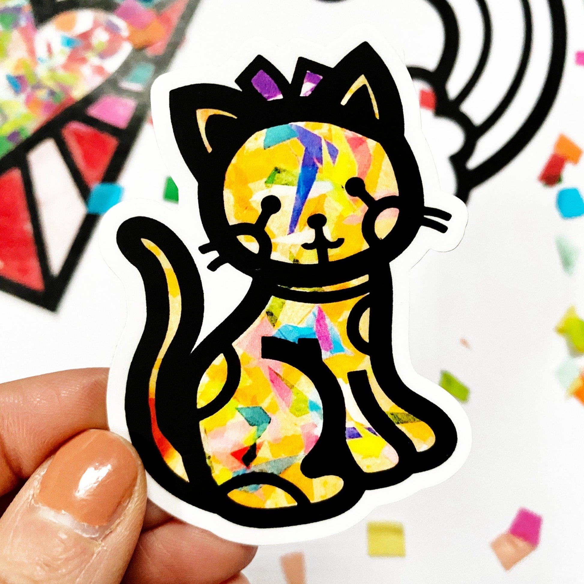 Cat vinyl sticker for water bottle. Paper stained glass sticker.