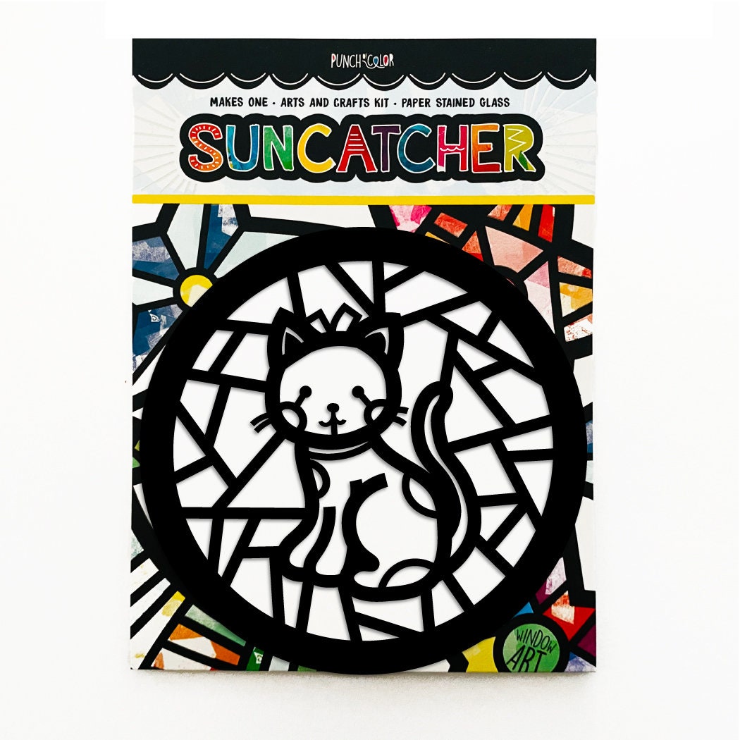 Cat paper suncatcher arts and crafts kit for kids - a birthday party activity that is mess -free and easy.