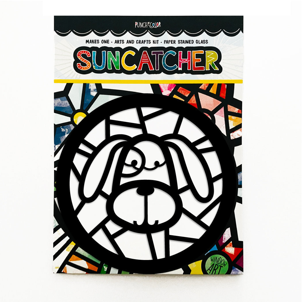 Dog paper suncatcher arts and crafts kit for kids - a birthday party activity that is mess -free and easy.