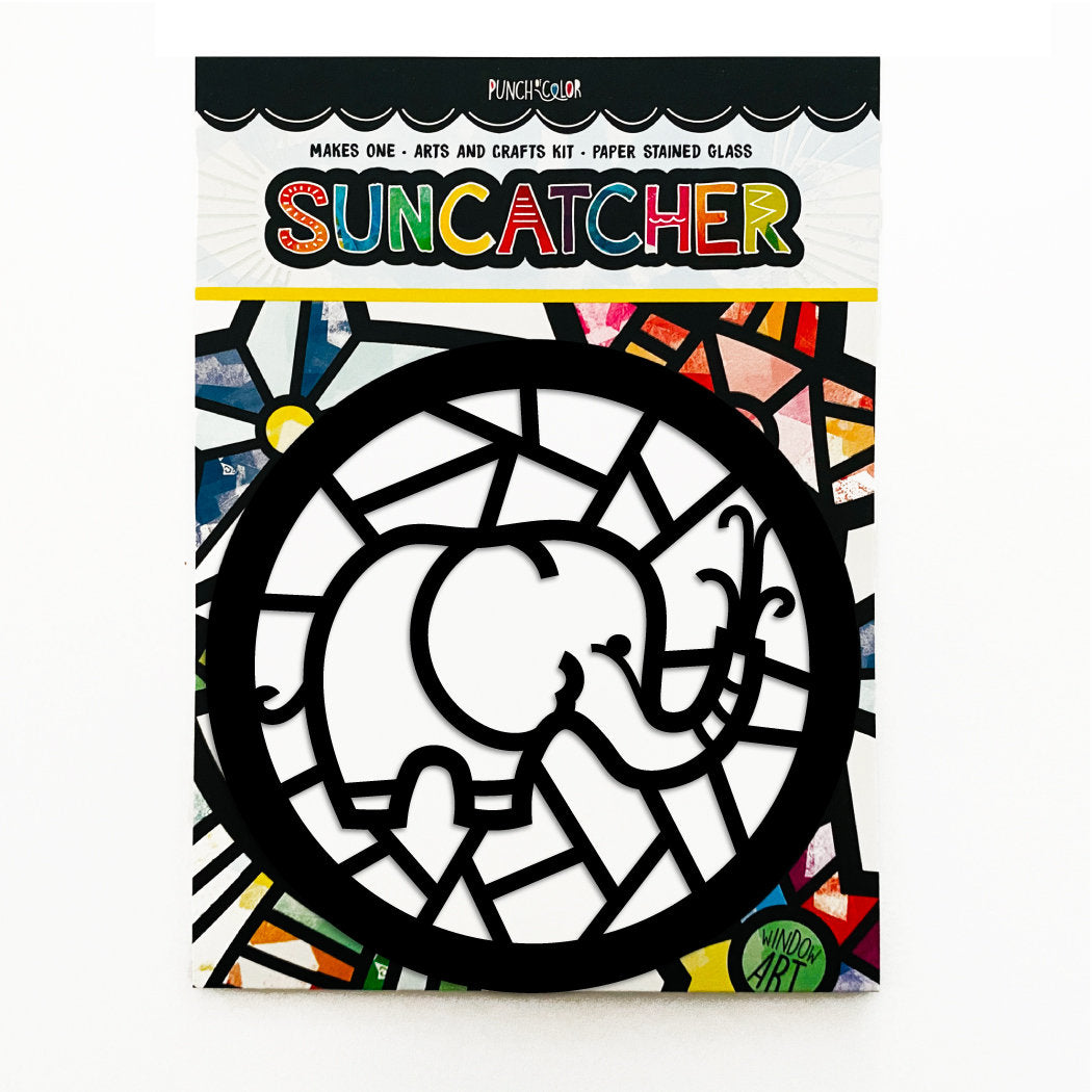Elephant paper suncatcher arts and crafts kit for kids - a birthday party activity that is mess -free and easy.