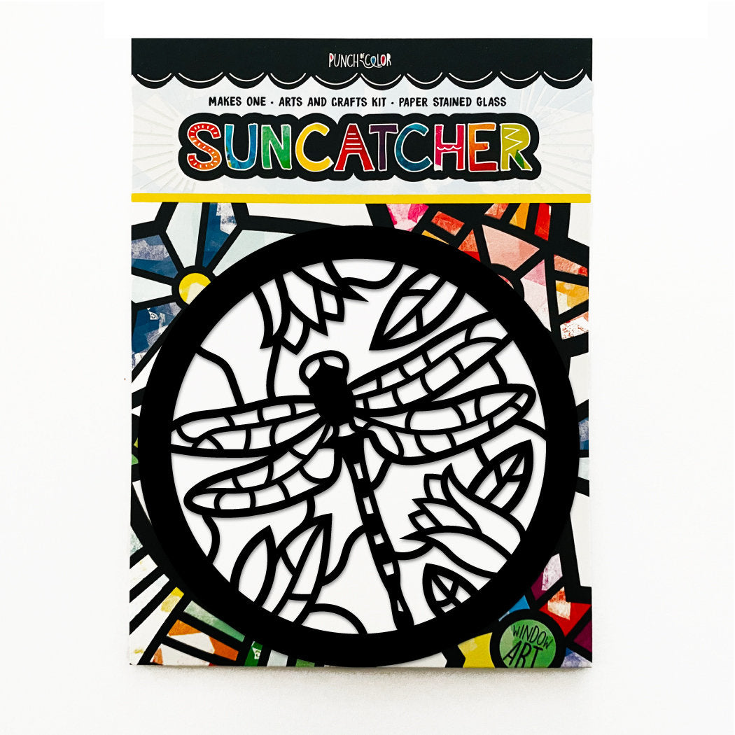 Dragonfly paper suncatcher arts and crafts kit for kids - a birthday party activity that is mess -free and easy.