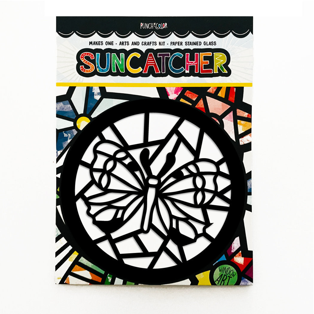 Butterfly paper suncatcher arts and crafts kit for kids - a birthday party activity that is mess -free and easy.