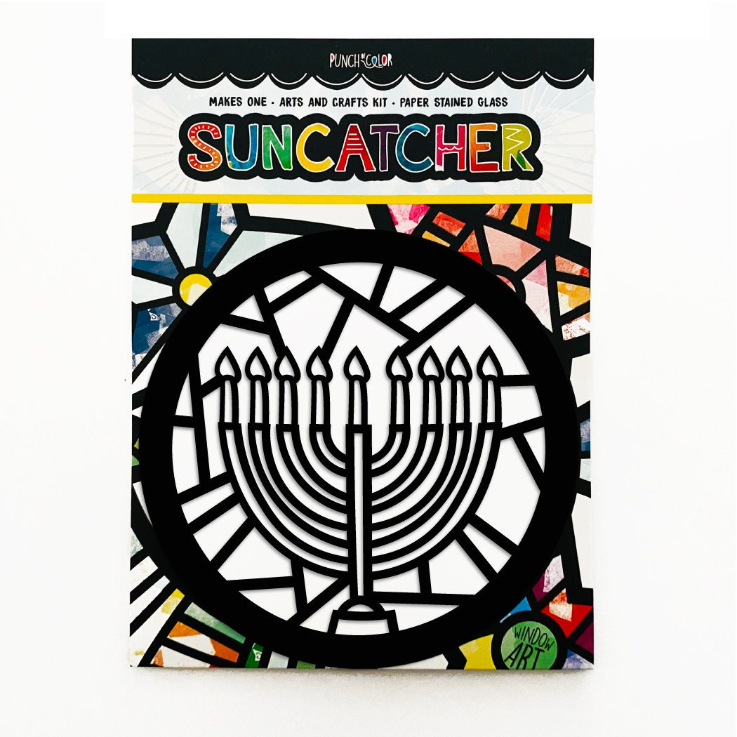 Menorah paper suncatcher arts and crafts kit for kids. Create a colorful piece of art to place on your window - the best Holiday activity or favor!
