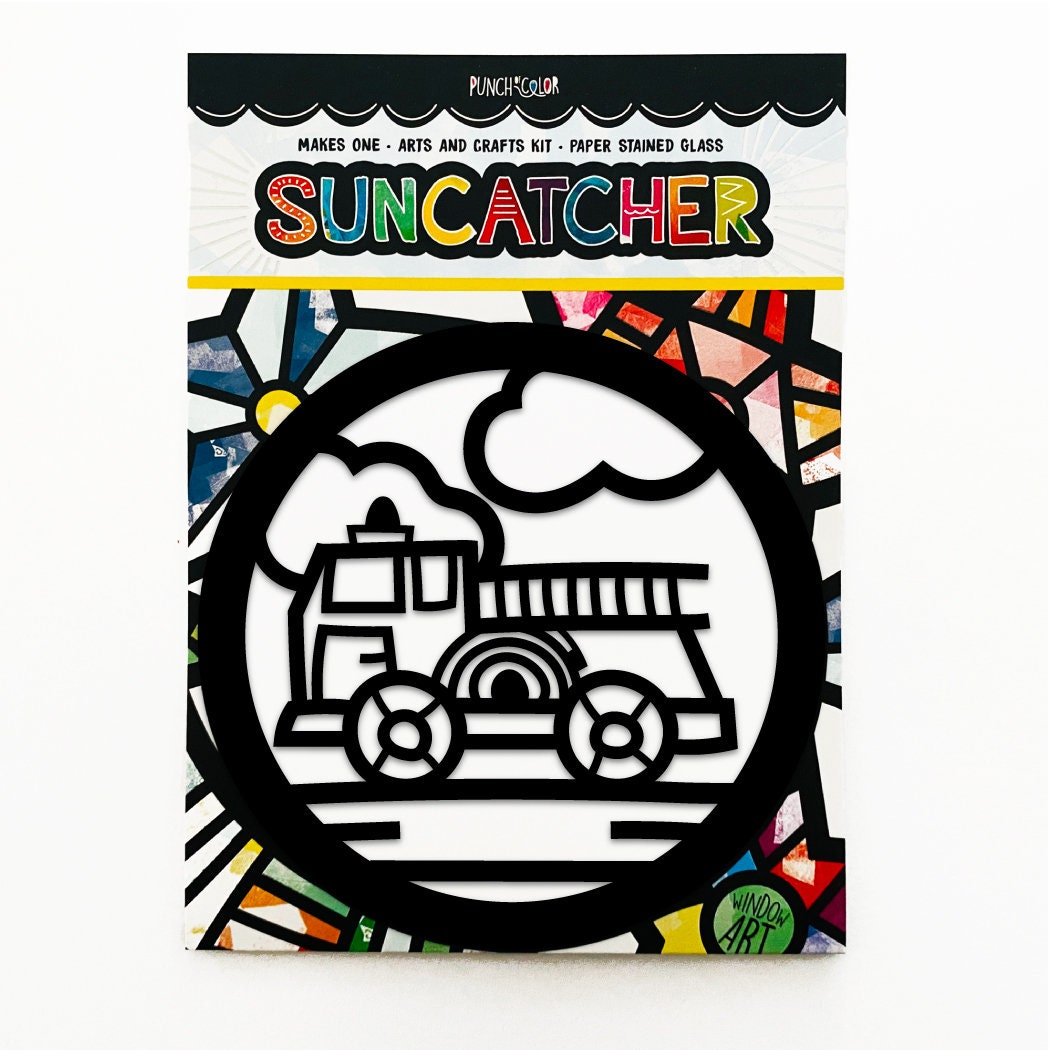 Fire truck paper suncatcher arts and crafts kit for kids - a birthday party activity that is mess -free and easy.