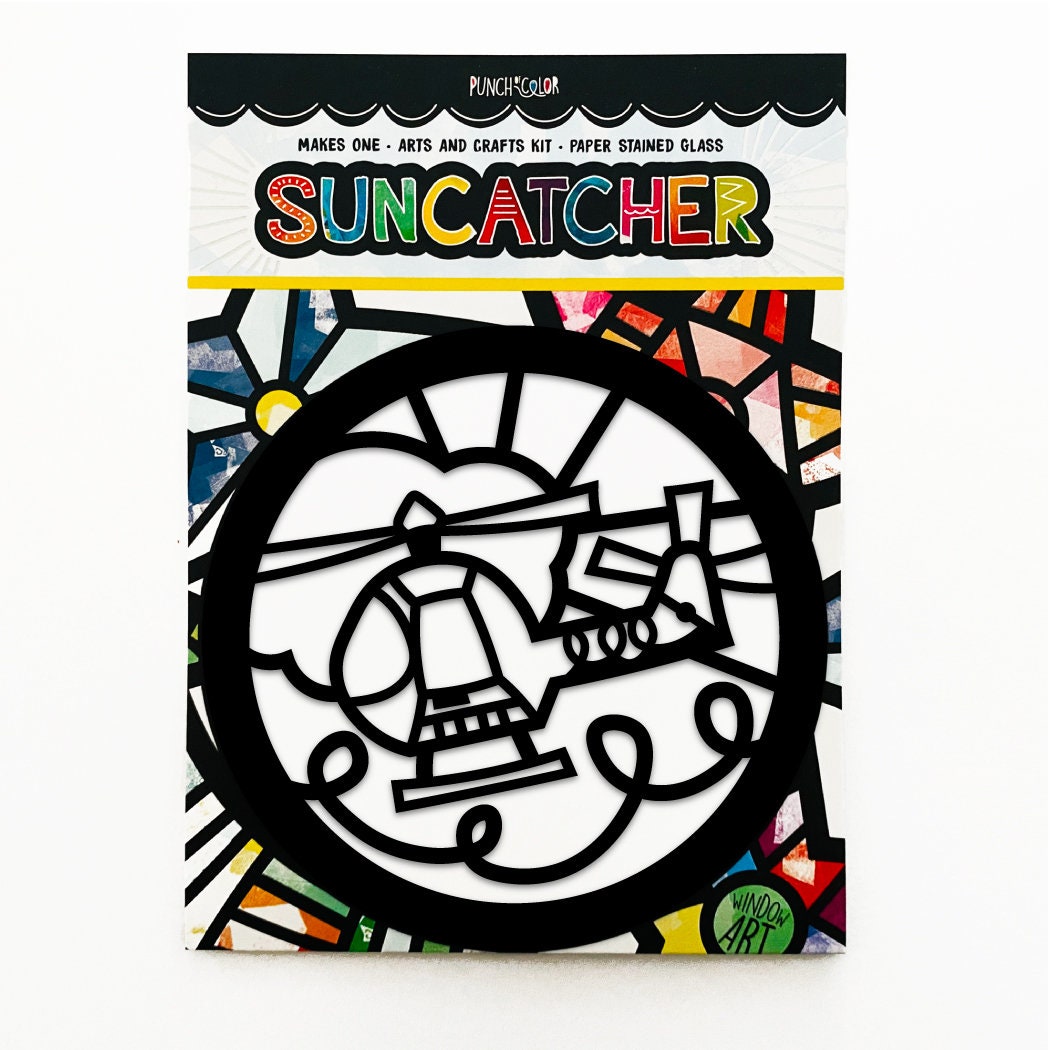Helicopter paper suncatcher arts and crafts kit for kids. Create a colorful piece of art to place on your window - the best Birthday activity or favor!