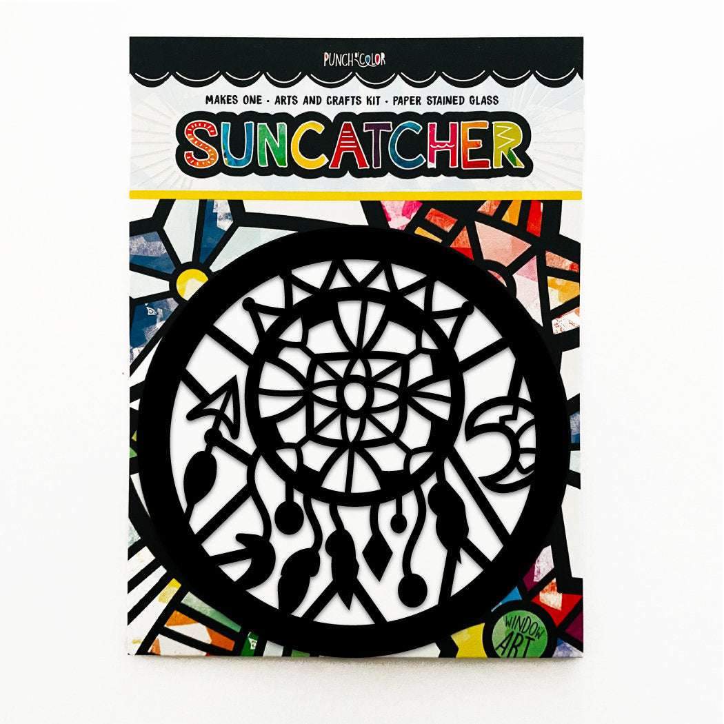 Dreamcatcher paper suncatcher arts and crafts kit for kids - a birthday party activity that is mess -free and easy.