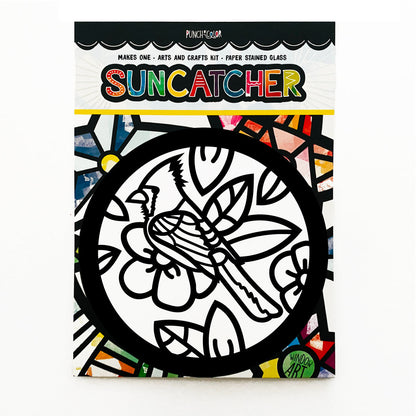 Cardinal bird paper suncatcher arts and crafts kit for kids - a birthday party activity that is mess -free and easy.