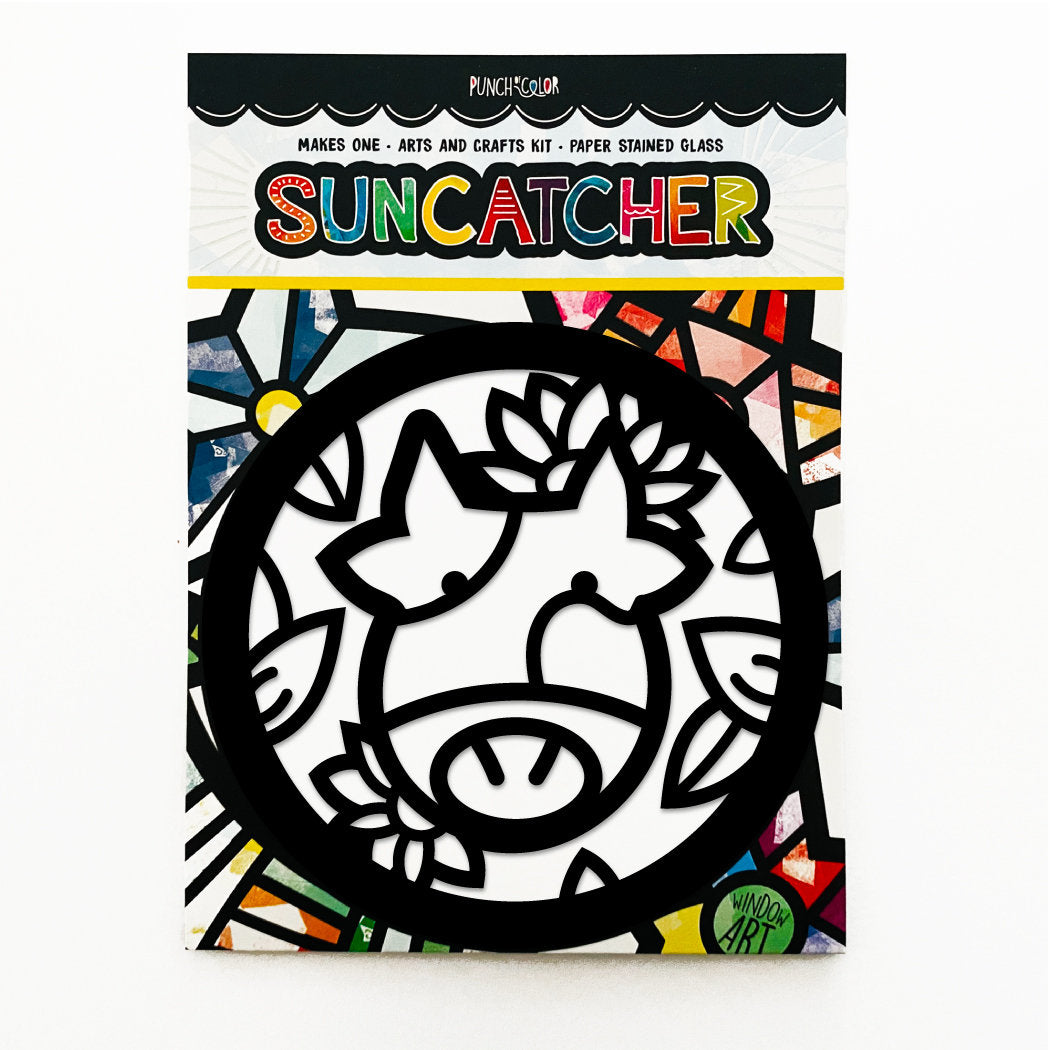 Cow paper suncatcher arts and crafts kit for kids - a birthday party activity that is mess -free and easy.